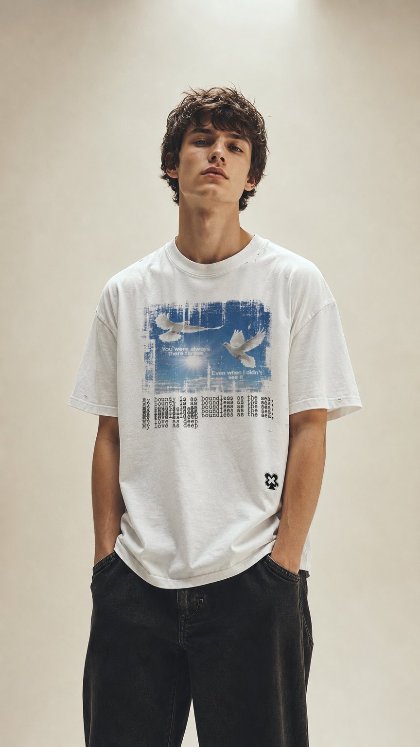 AI product shot of White doves Frayed Boxy Tee