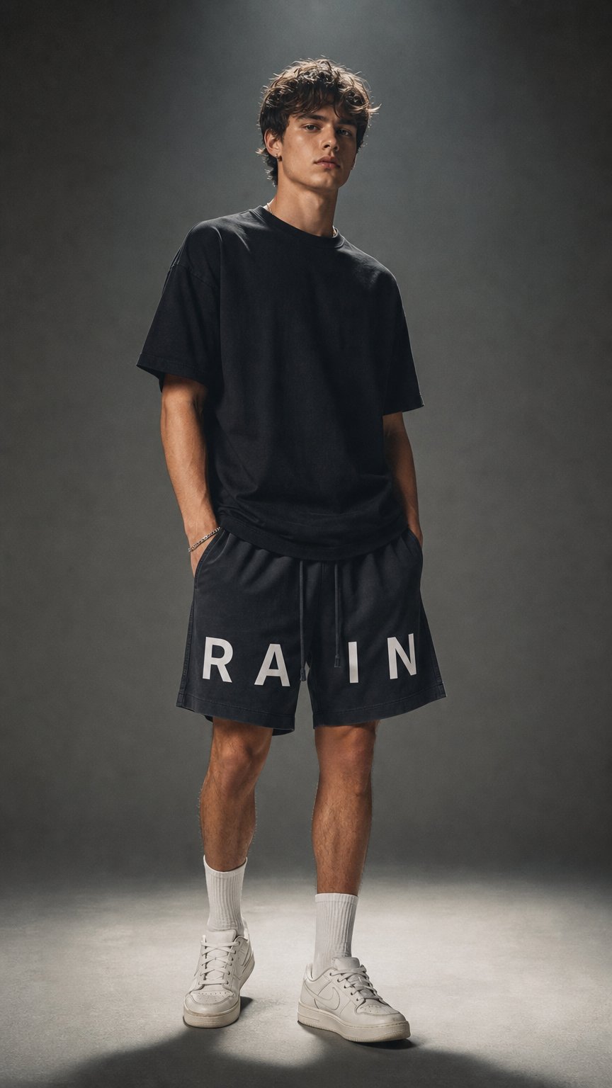 AI product shot of RAIN. LOGO SHORTS