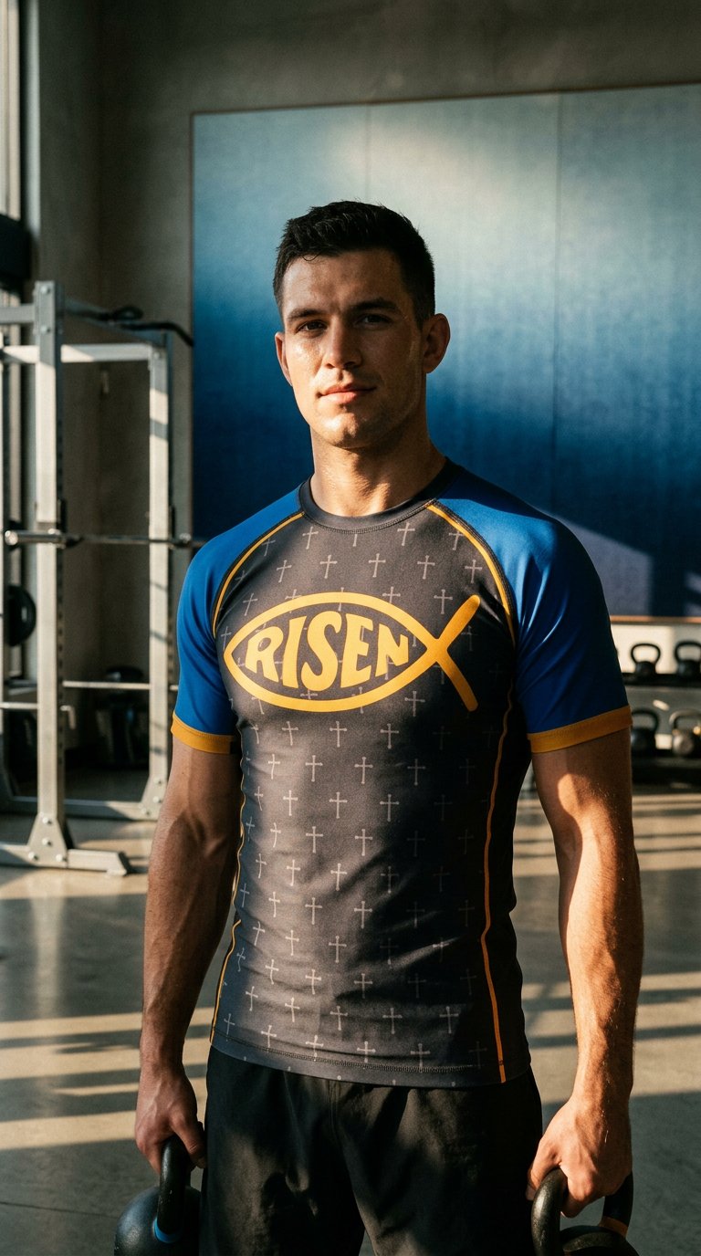 AI product shot of Risen Blue MMA Rashguard