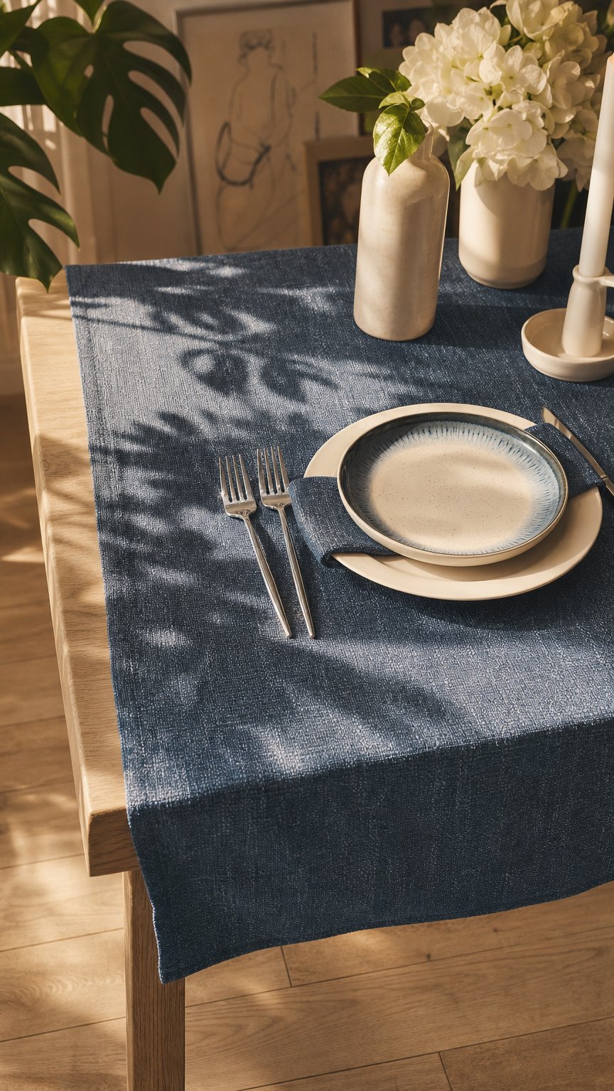 AI product shot of Blue Tweed Tablecloth