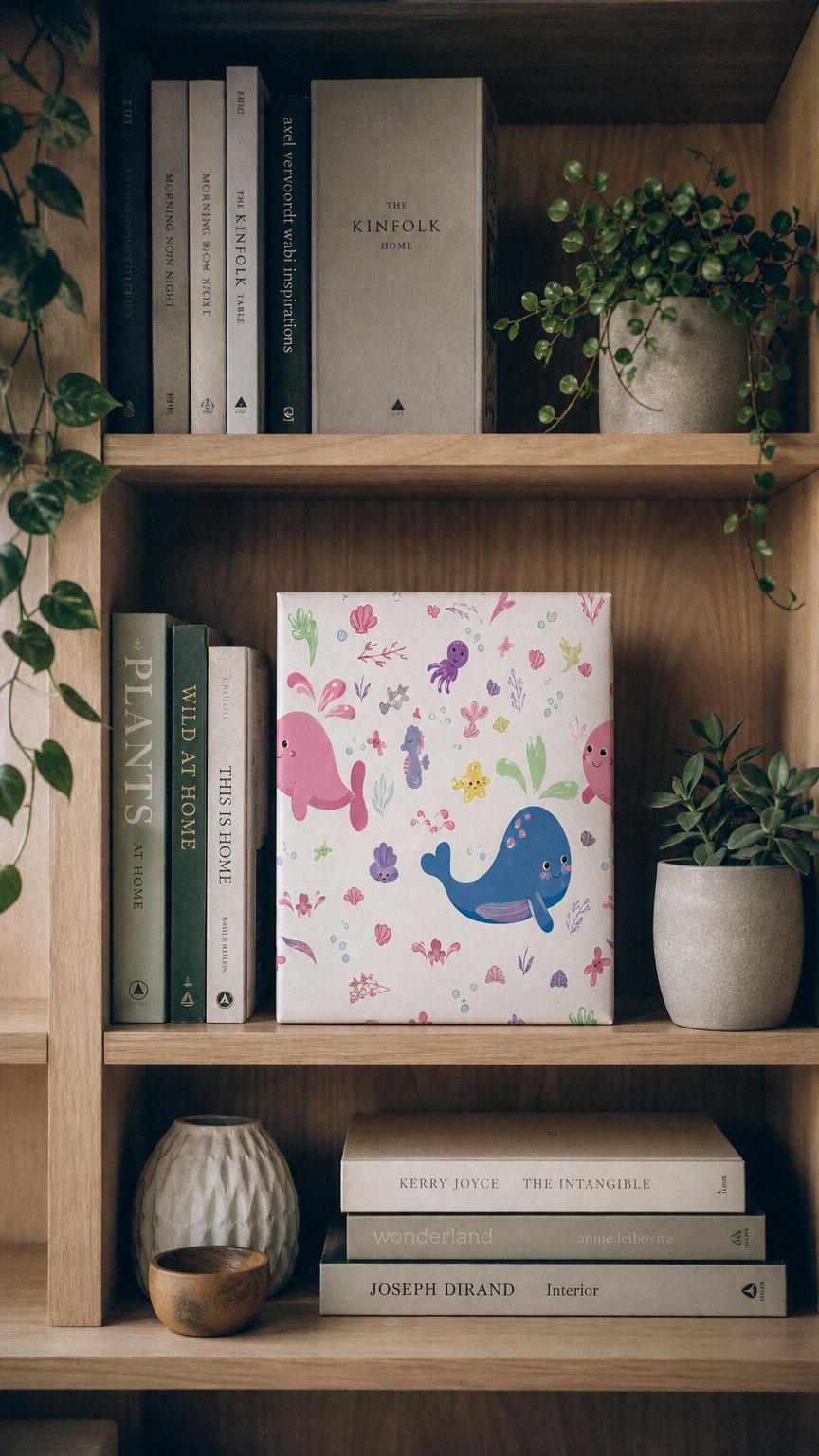 AI product shot of Pibi Cute Whale & Aquatic Animals Themed Gift Wrapping Paper – 50 x 70 cm – Blue/Pink/White