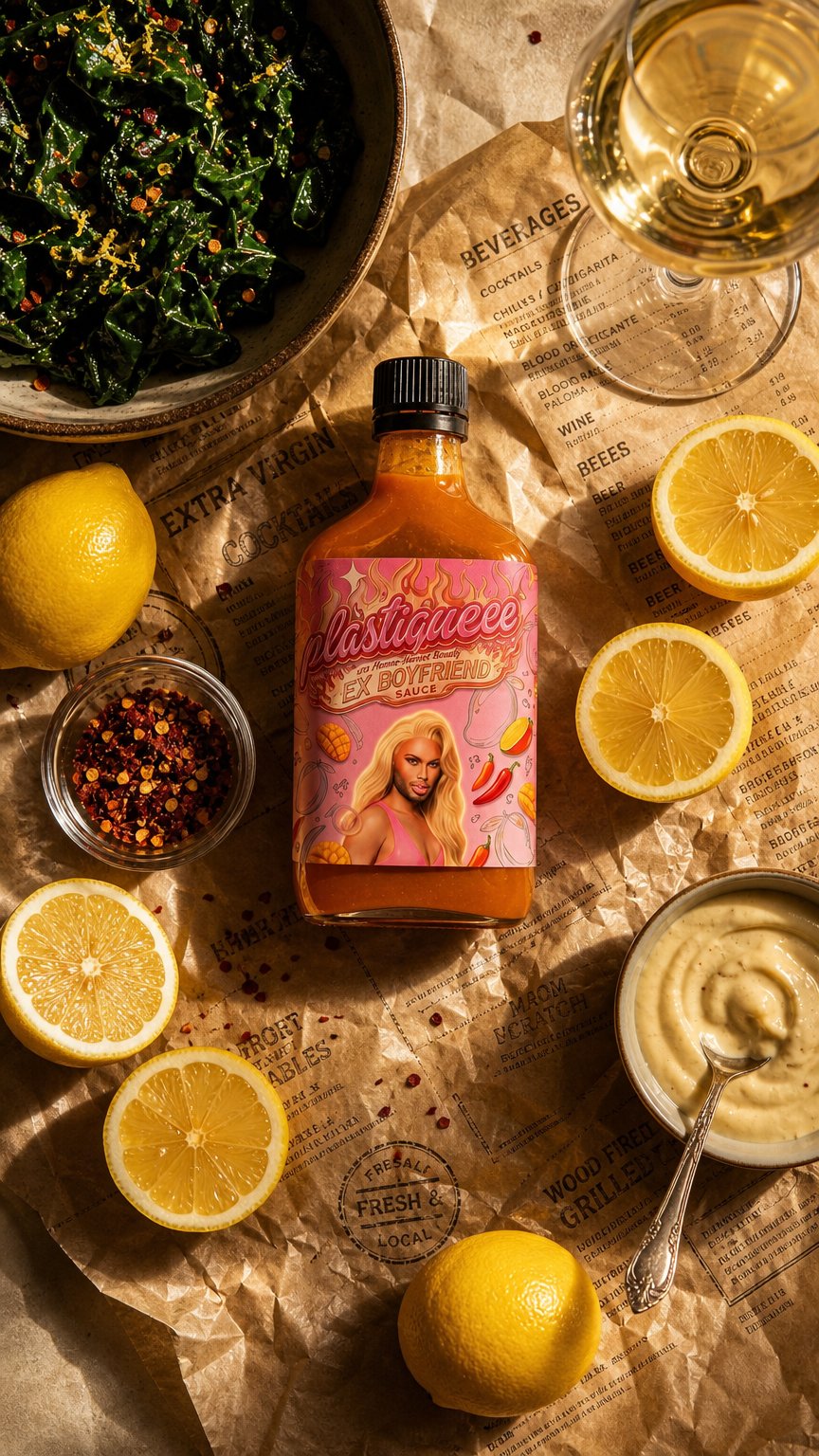 AI product shot of HOTTER THAN YOUR EX BOYFRIEND HOT SAUCE 🥭 🌶️