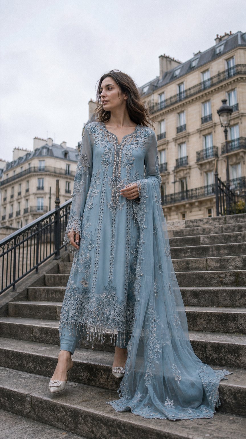 AI product shot of 3 Piece Unstitched Embroidered Chiffon Suit