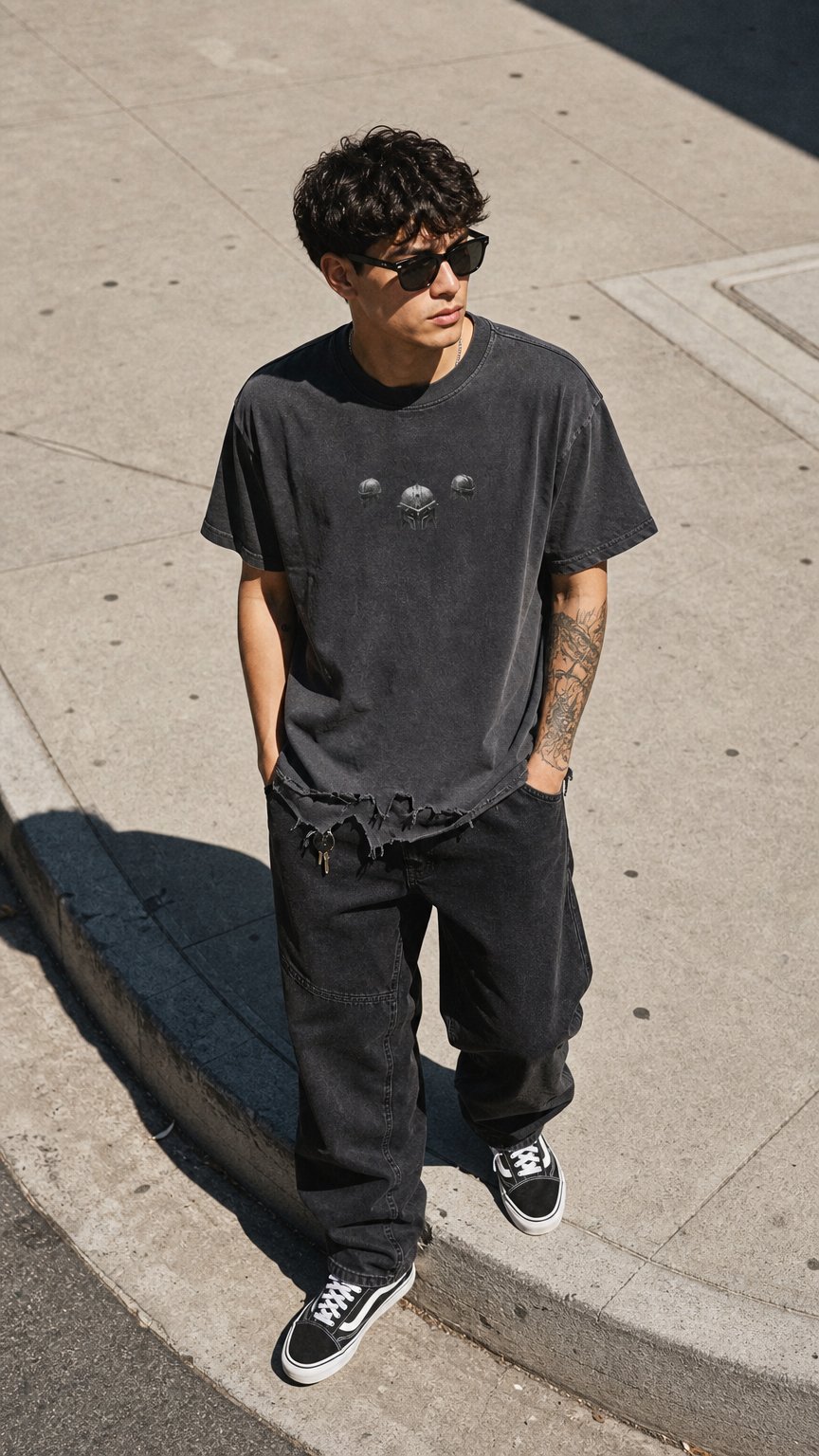 AI product shot of The Demigod Vintage Wash Boxy Distressed Hem T-Shirt