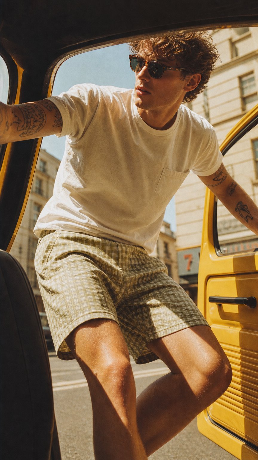 AI product shot of Forever Masc Vintage Wash Plaid Shorts
