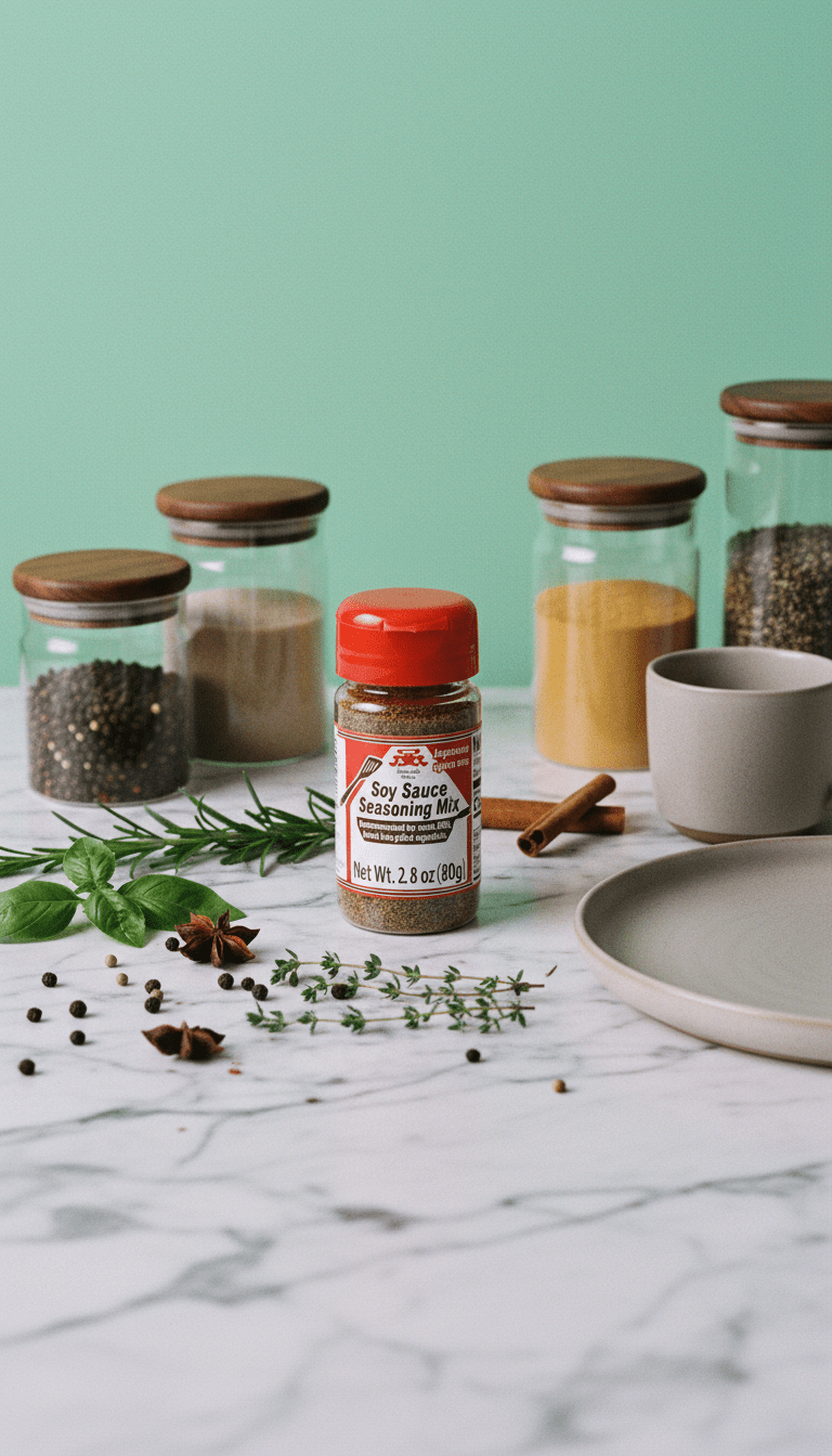 AI product shot of Oka Naosaburo Soy Sauce Rub & Seasoning Mix 80g