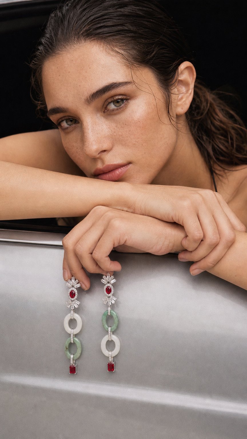 AI product shot of Aretes Largos Jade