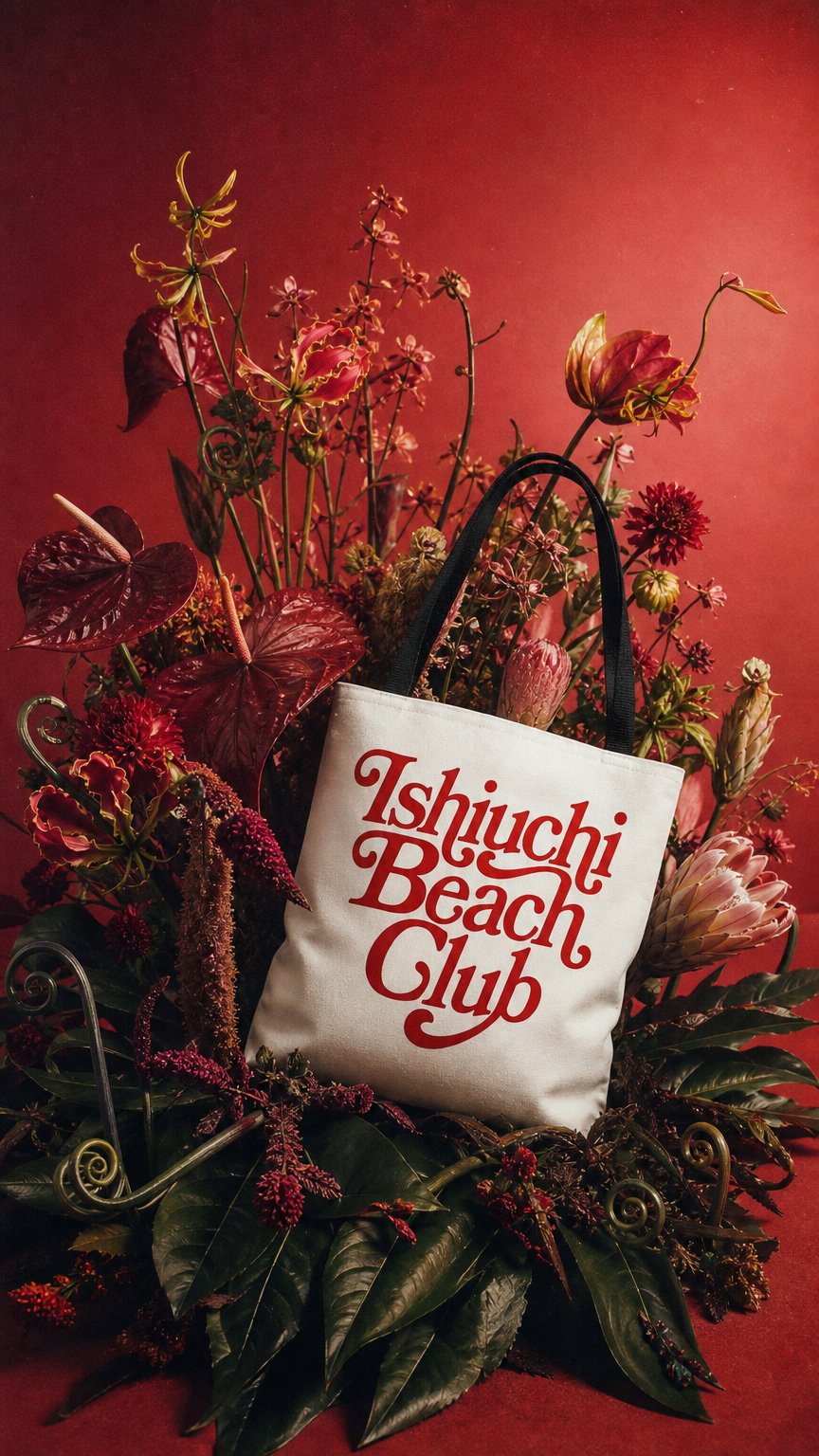 AI product shot of Ishiuchi Beach Club Tote Bag | Retro Script Logo, Red Typography