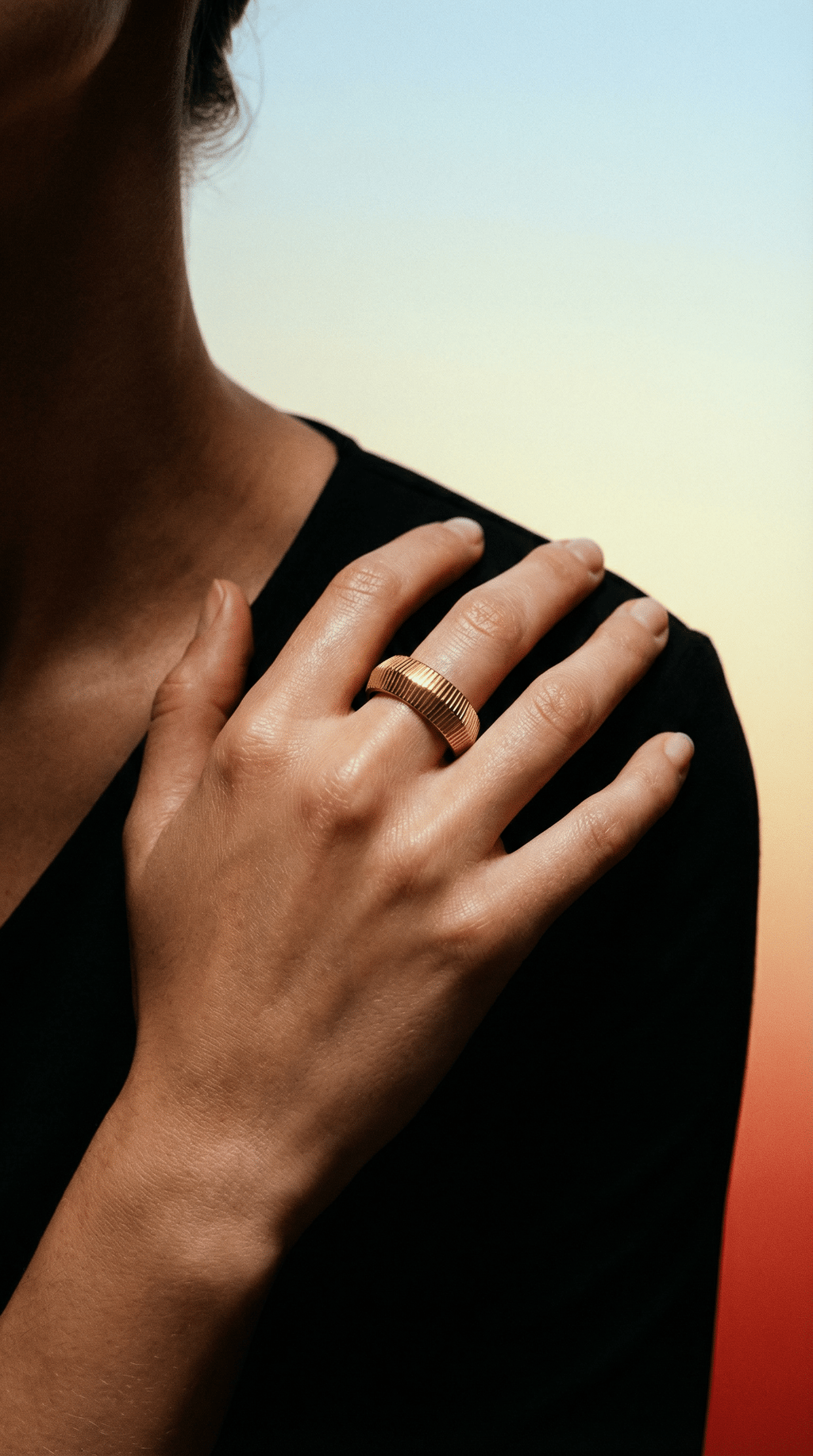AI product shot of Gold Shaped Wedding Ring with Linea Engraving