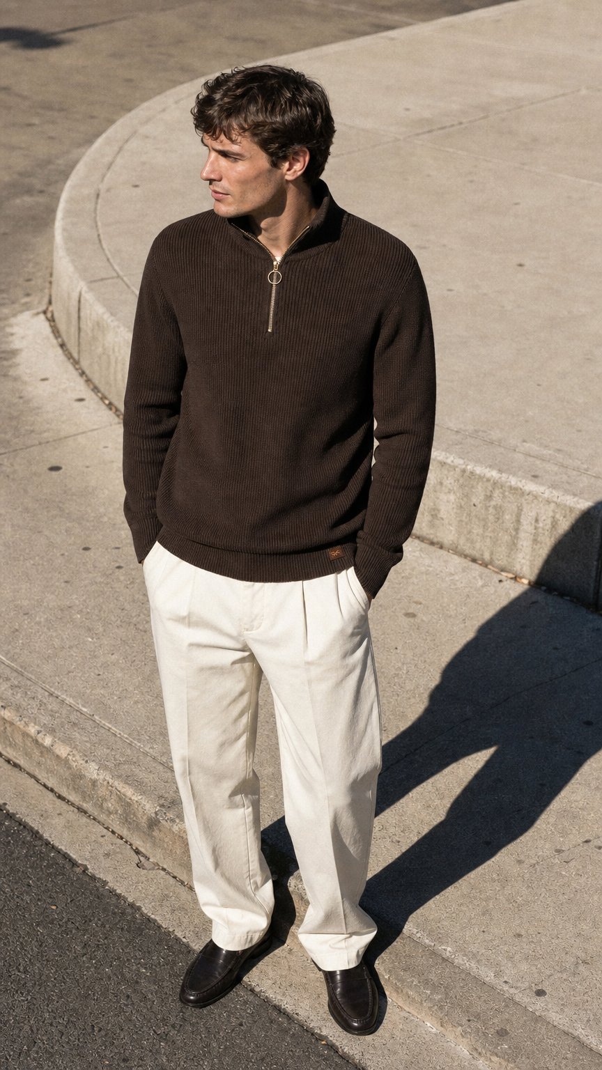 AI product shot of Gebreide Trui met Rits Bruin | Shark Tag Tech Wool