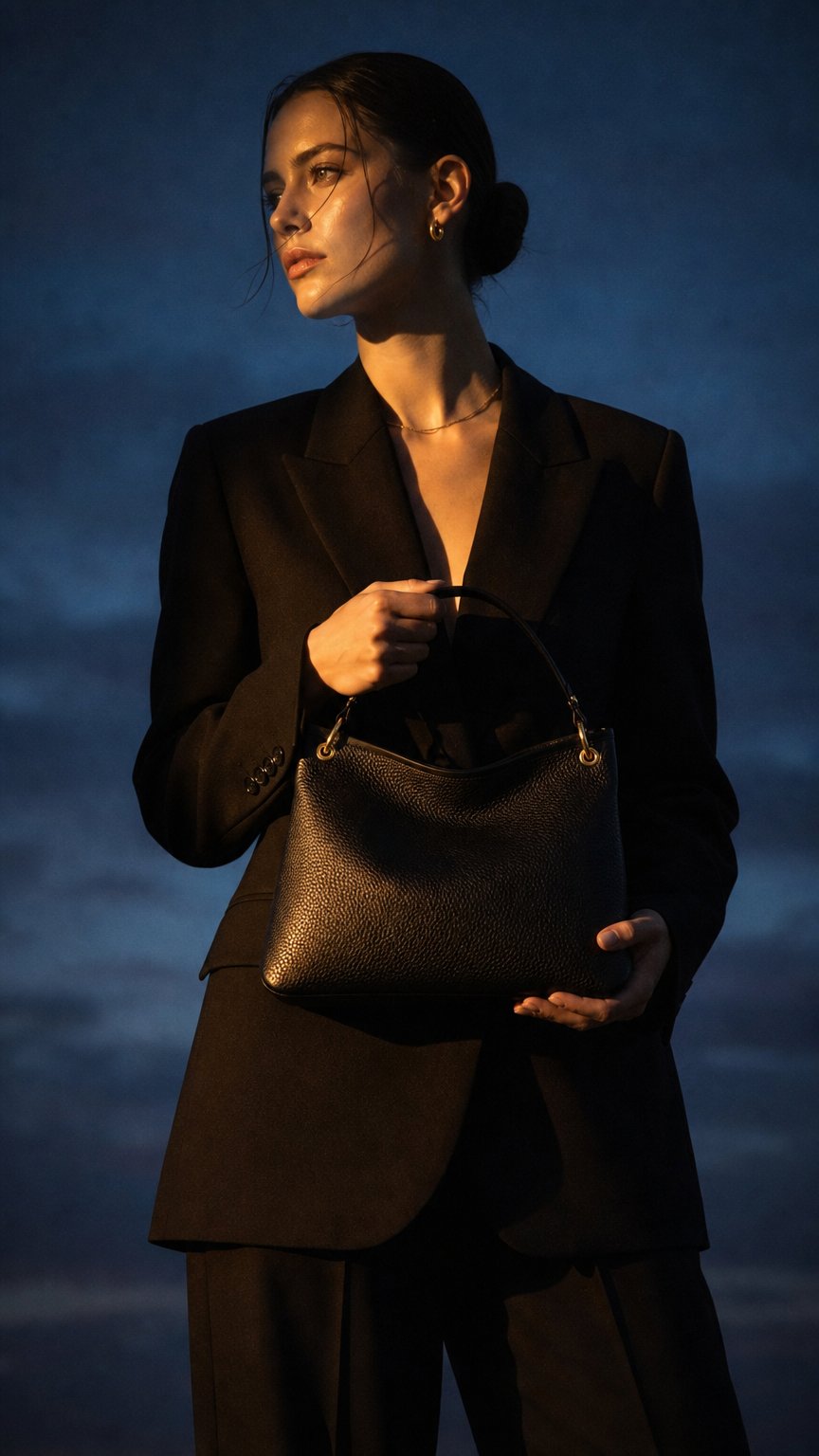 AI product shot of The Heritage Striped Signature Slouch Bag — Noir