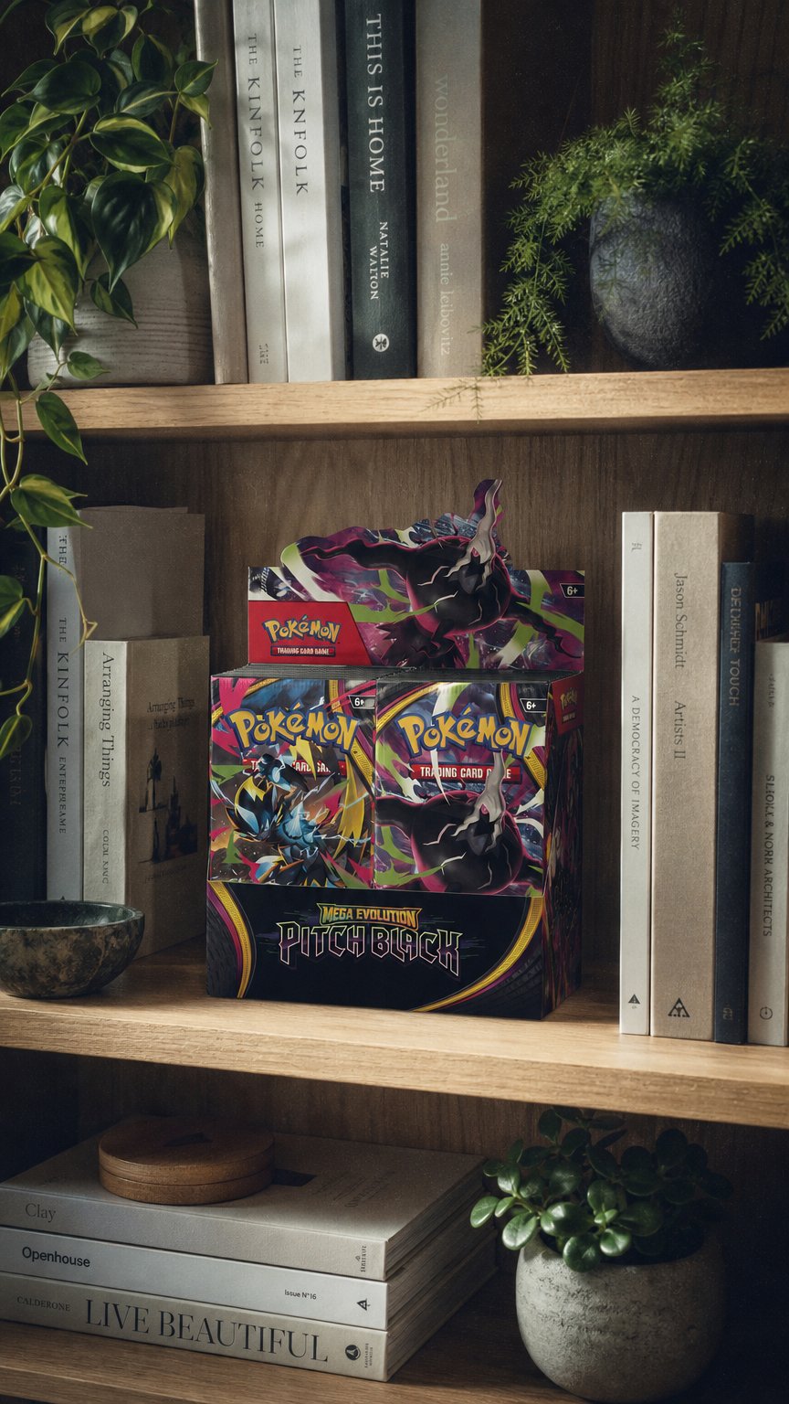 AI product shot of Pokémon TCG: Mega Evolution—Pitch Black Booster Display Box