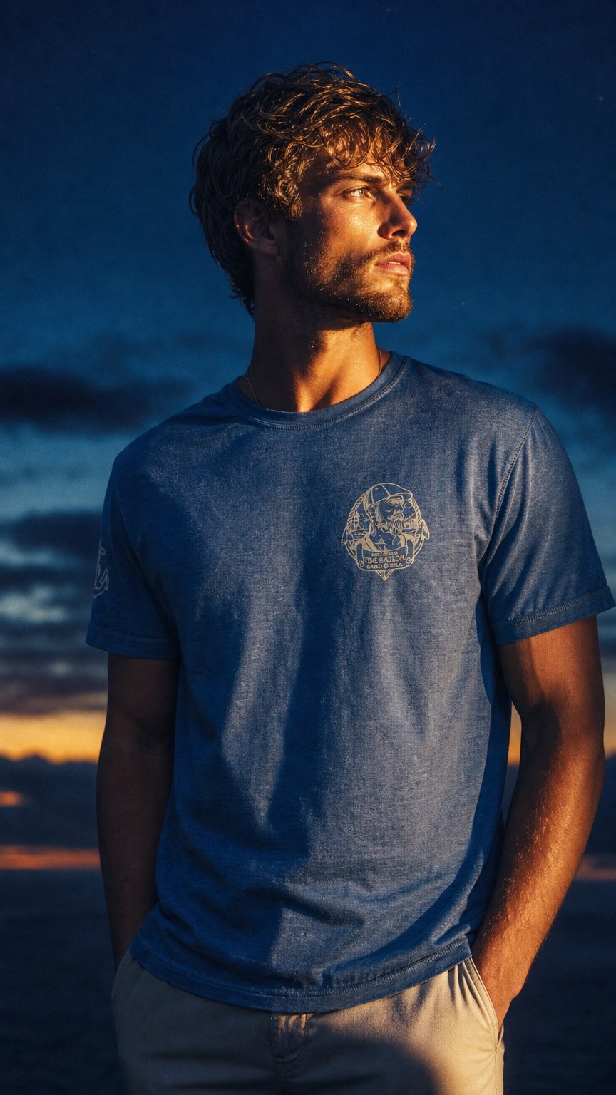 AI product shot of Boston Scally The Sailor: Sand and Sea Tee T-Shirt - Twisted Navy