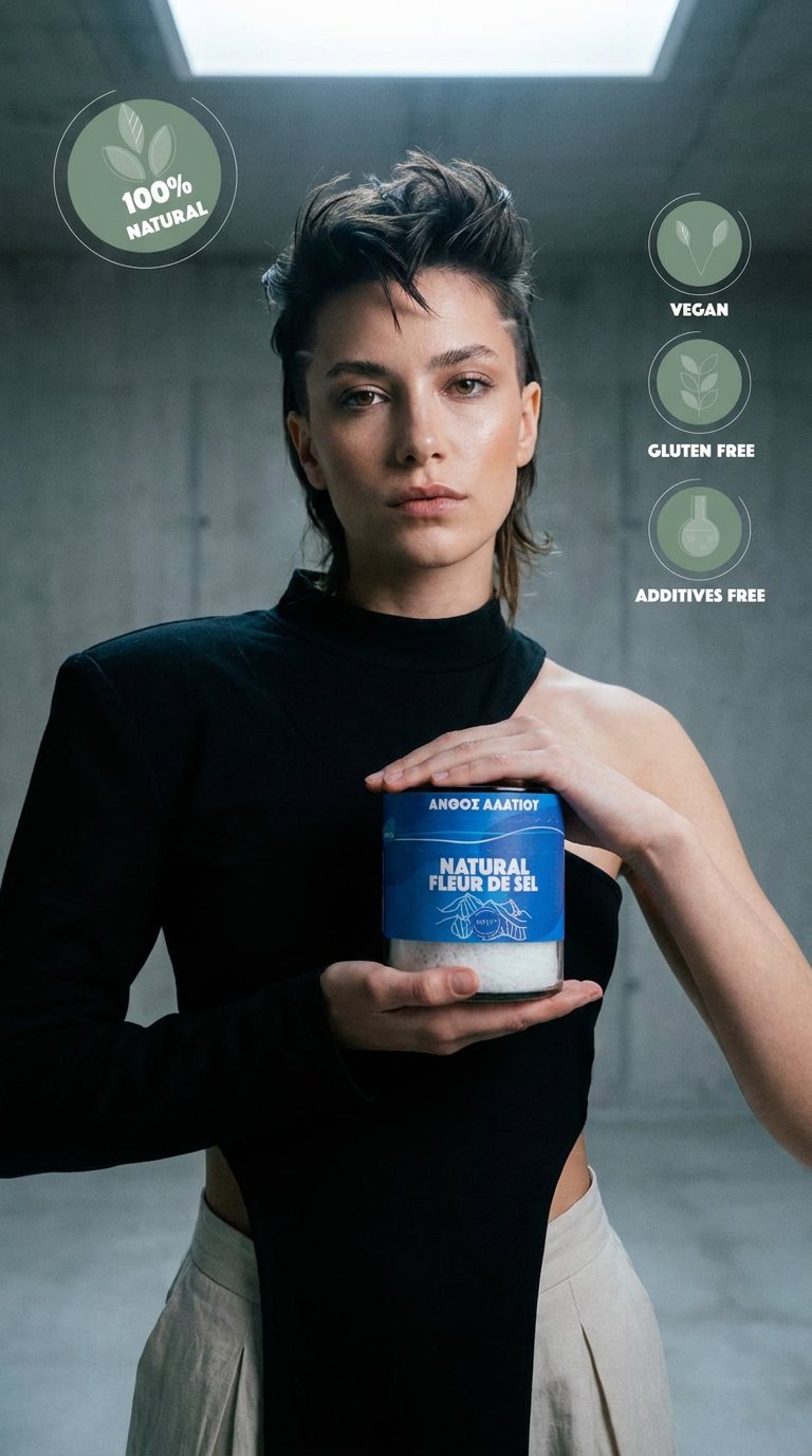 AI product shot of Premium Fleur De Sel Greek Sea Salt Blossom 200g