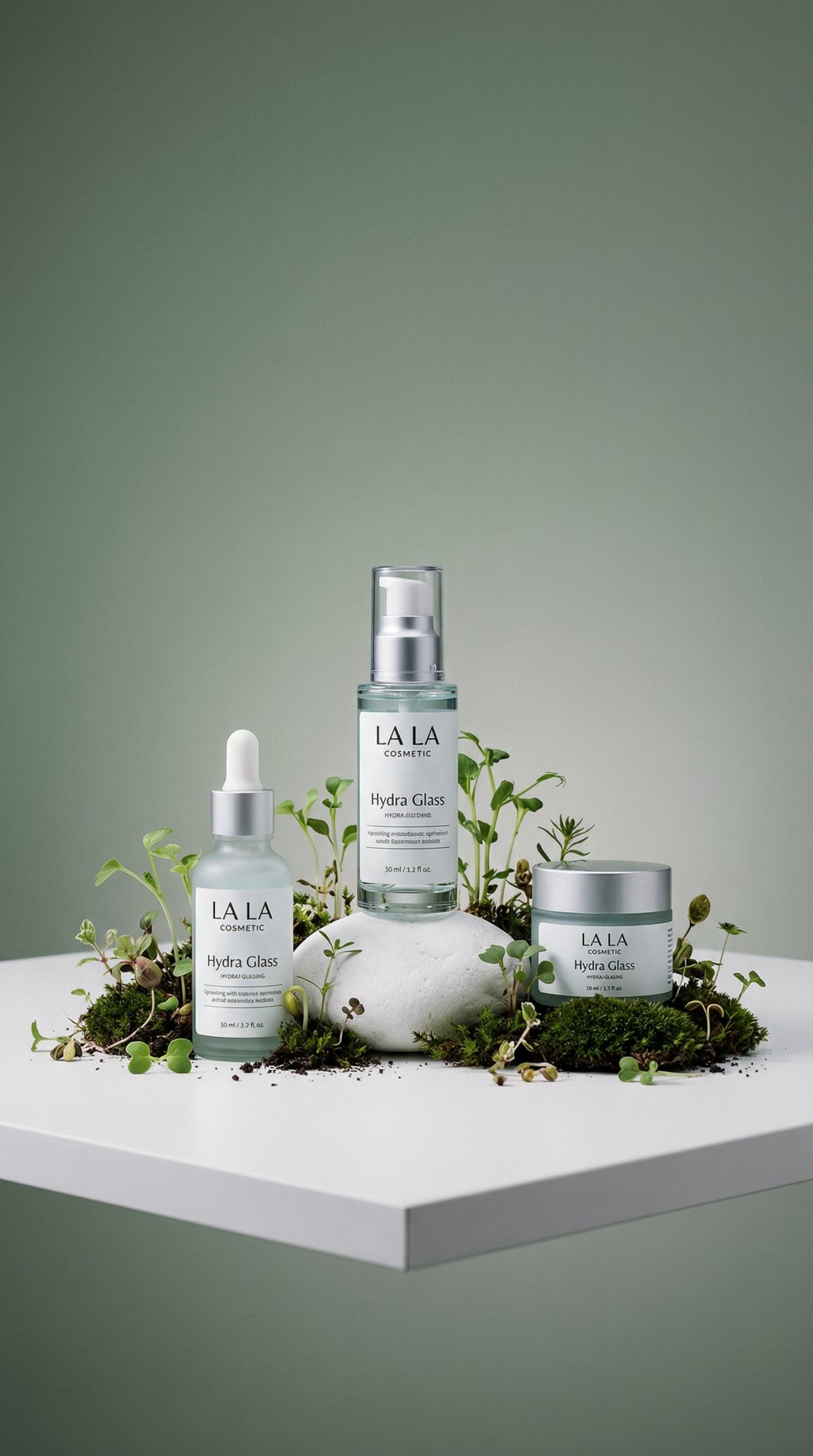AI product shot of Hydra Glass Serum 50ml & Cream 50ml – Daily Hydration Set