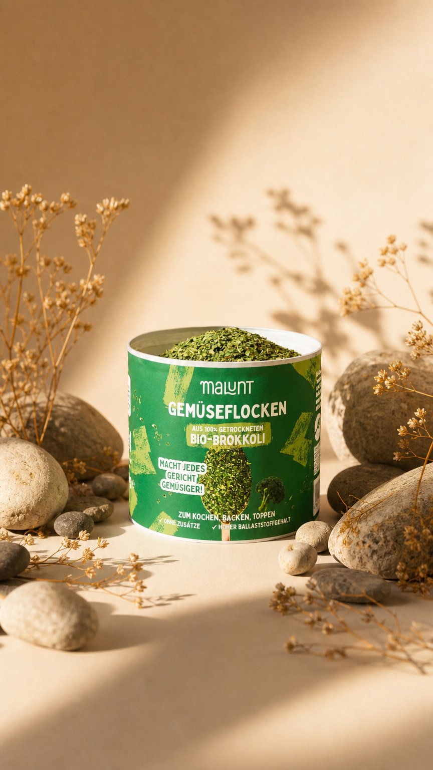 AI product shot of Brokkoli Flocken
