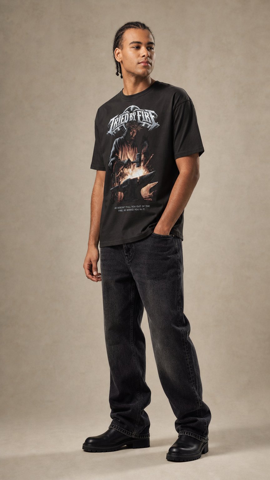 AI product shot of Tried by Fire Tee
