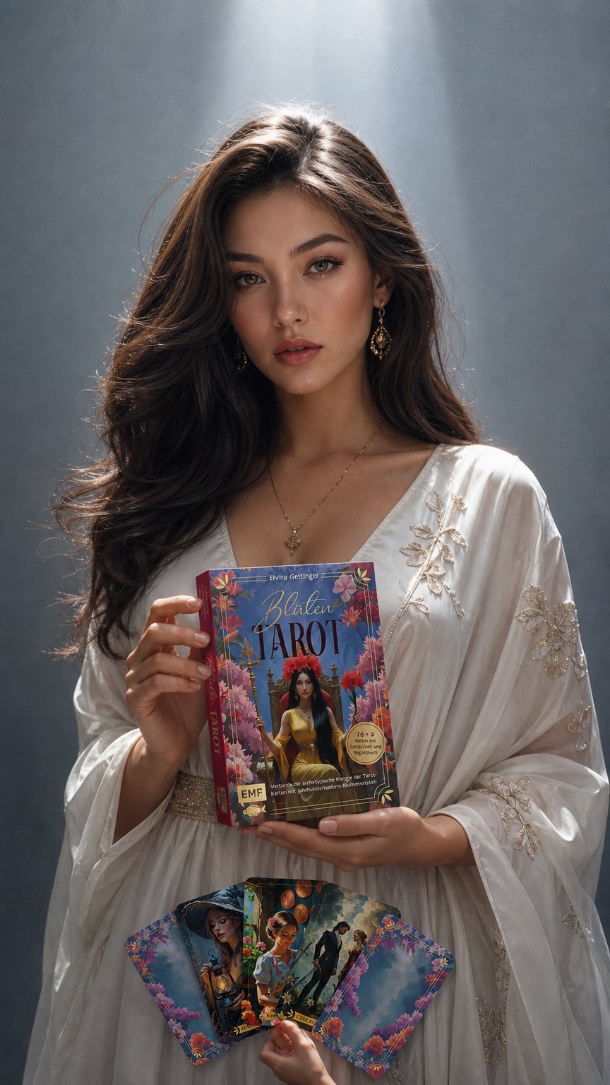 AI product shot of Tarot-Kartenset: Blütentarot | Verbinde die archetypische Energie der Tarot-Karten mit jahrhundertealtem Blumenwissen