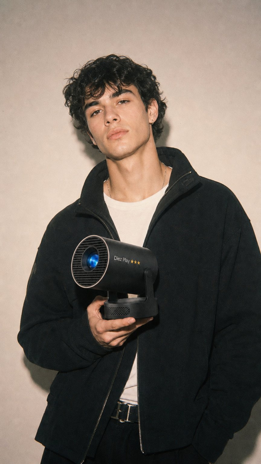 AI product shot of DiézPlay™ Proyector Portátil 4K