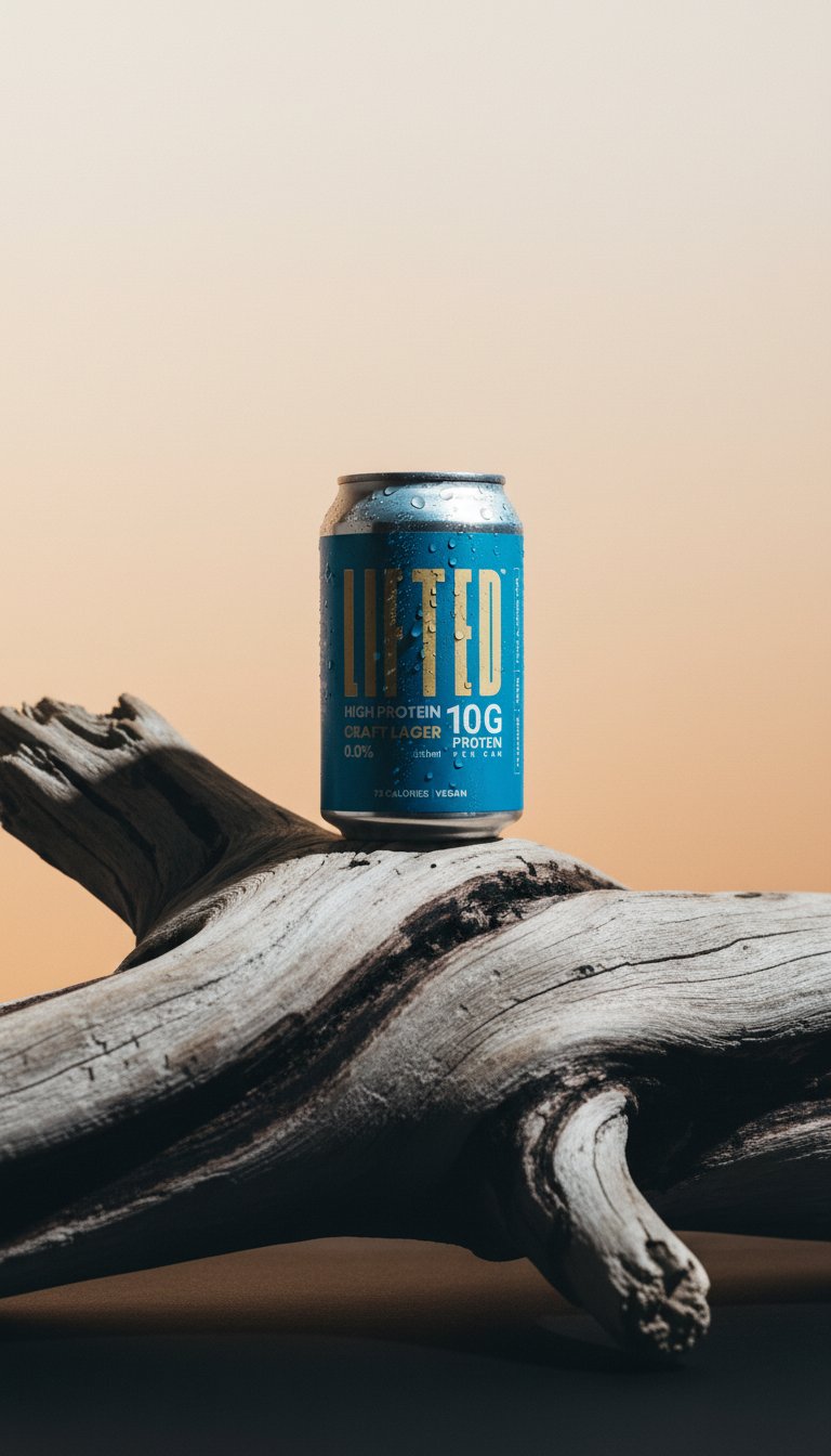 AI product shot of Lifted - Beer for Athletes. 0.0% Alcohol. 10g Protein - 12 pack x 330ml