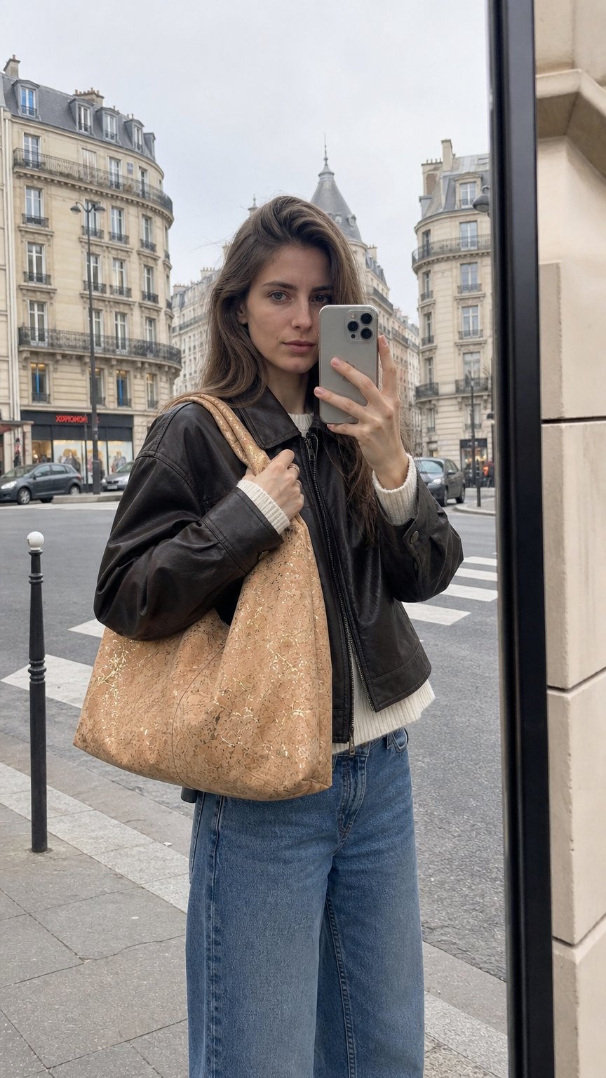 AI product shot of Slouchy Zipper Shoulder Bag in Premium Natural Gold Fleck Cork