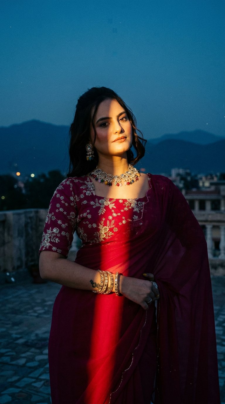 AI product shot of K 5 FASHION एम्ब्रॉइडरेड बॉलीवुड जोर्जेट साड़ी (गुलाबी)