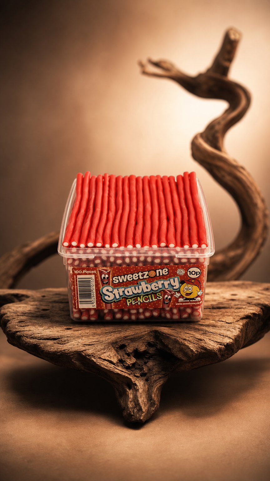 AI product shot of Sweetzone Strawberry Pencils 1.1kg Tub of 100 HMC Certified Halal VEGETARIAN