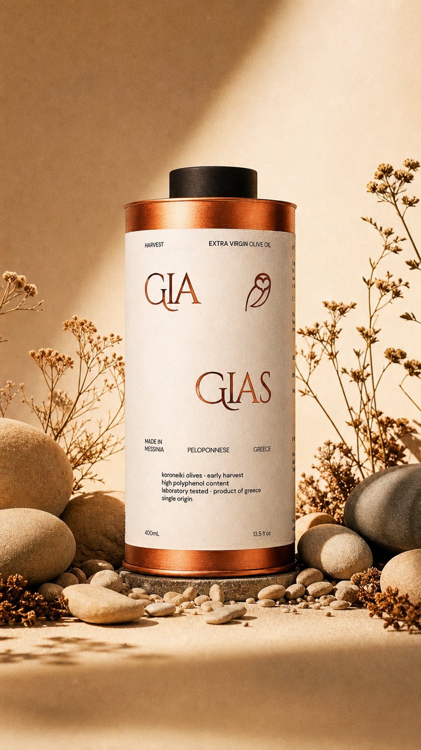 AI product shot of GIAGIAS Greek Extra Virgin Olive Oil