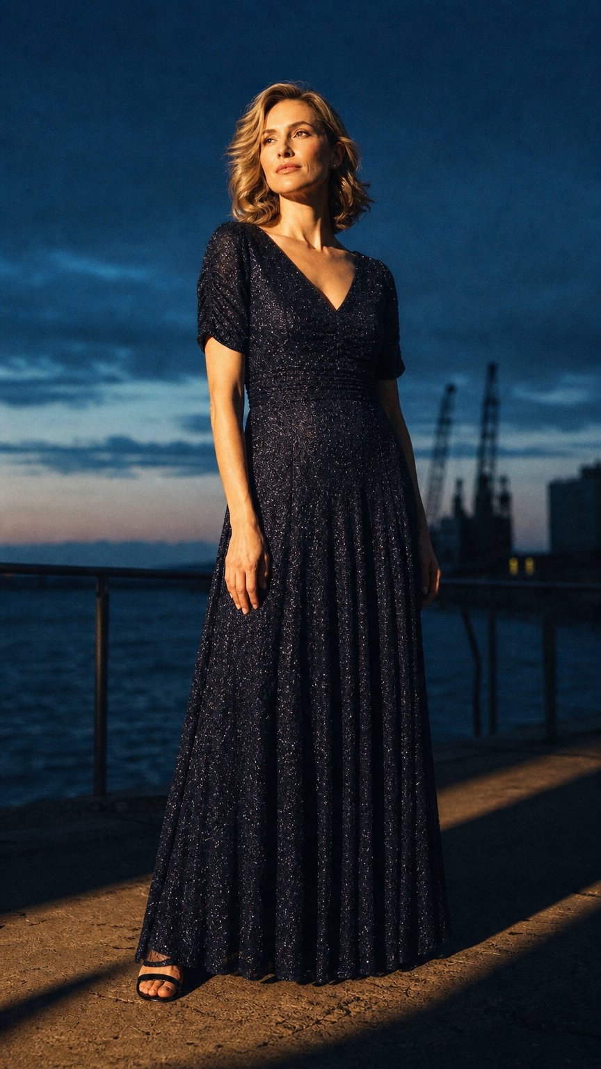 AI product shot of Long Sequin Dress with Ruched Waist