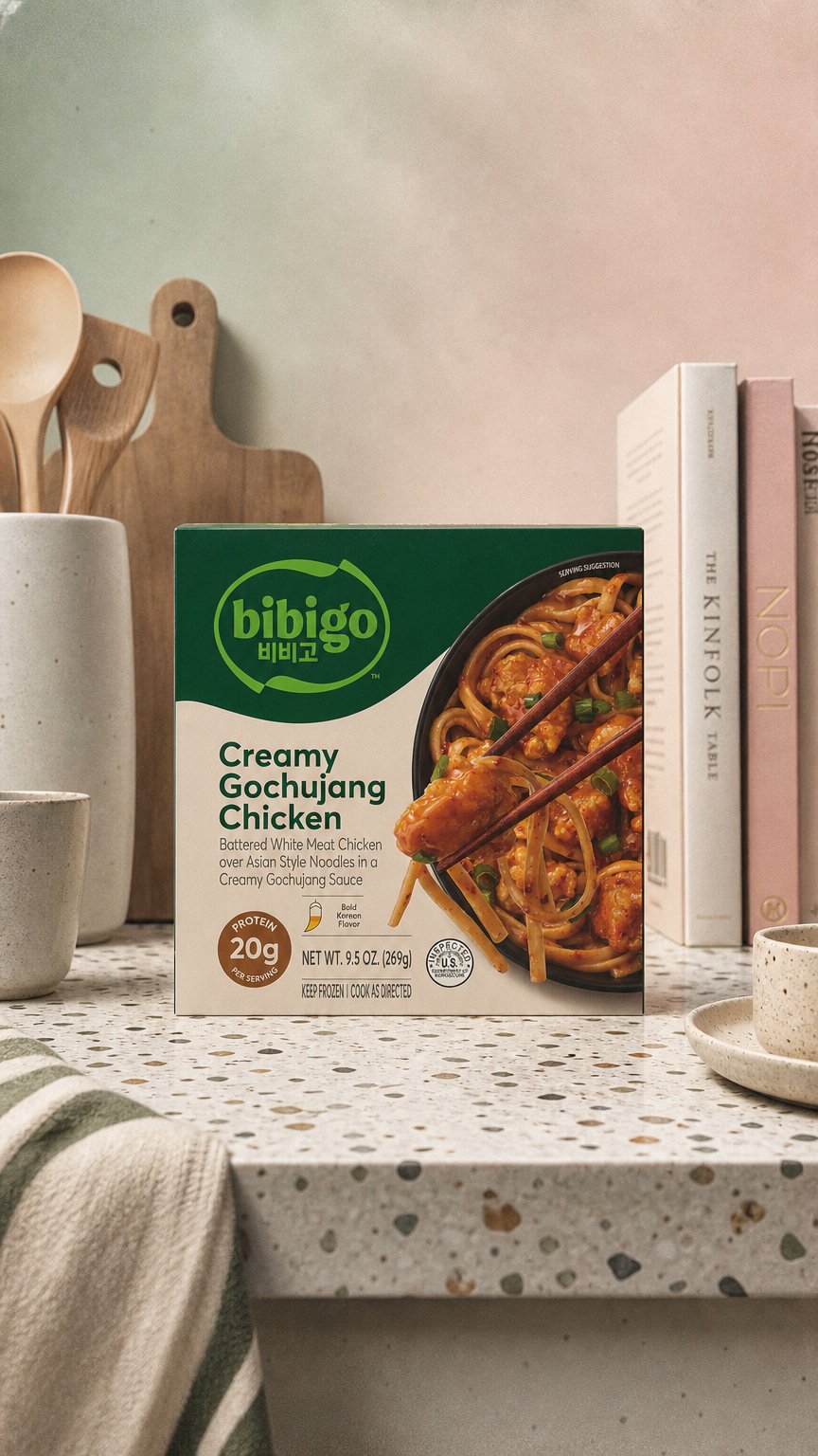 AI product shot of Creamy Gochujang Chicken & Noodle Bowl