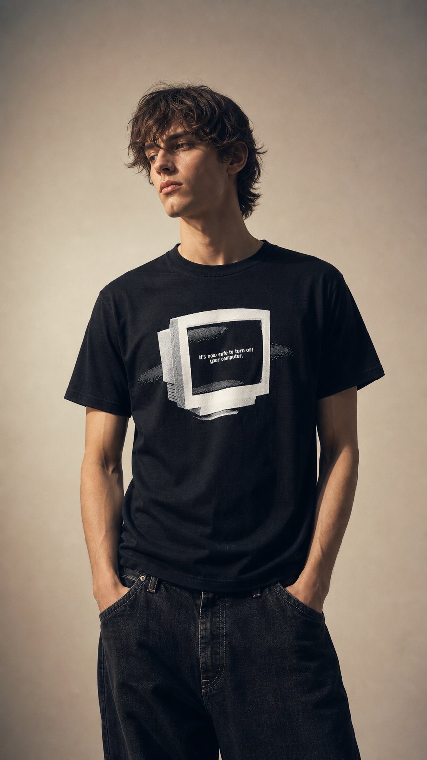 AI product shot of It's Now Safe To Turn Off Your Computer by Nicole Ruggiero T-shirt (Limited run)