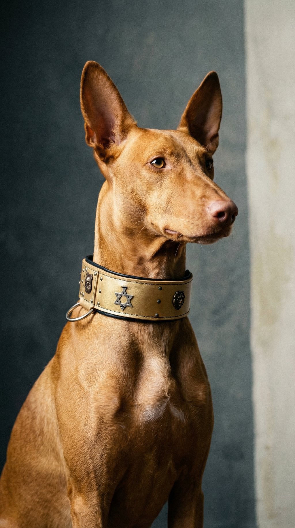 AI product shot of Star of David Metallic Gold Leather Dog Collar