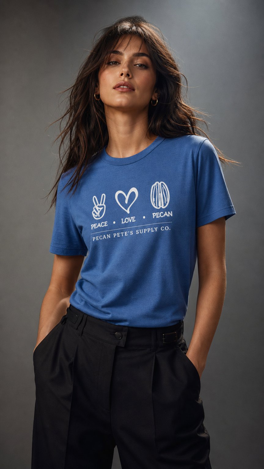 AI product shot of Peace Love Pecan Graphic T-Shirt - Premium Bella + Canvas 3001 Soft Cotton, Mainstreet Denim Colors