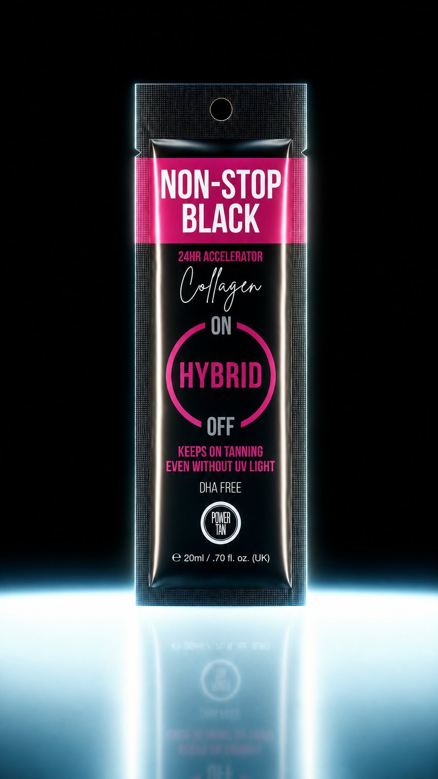 AI product shot of Power Tan Non-Stop Black Collagen 24 Hour Accelerator 20ml Sachet