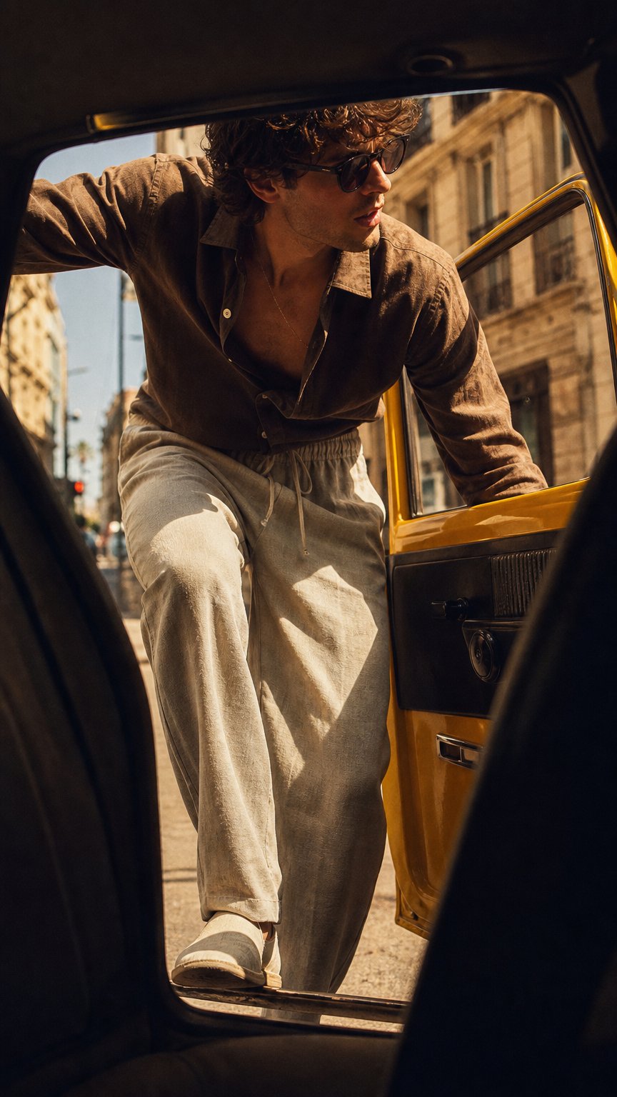 AI product shot of 2025 summer men's cotton and linen oversized wide leg pants, men's artistic style elastic waist solid color casual loose pants