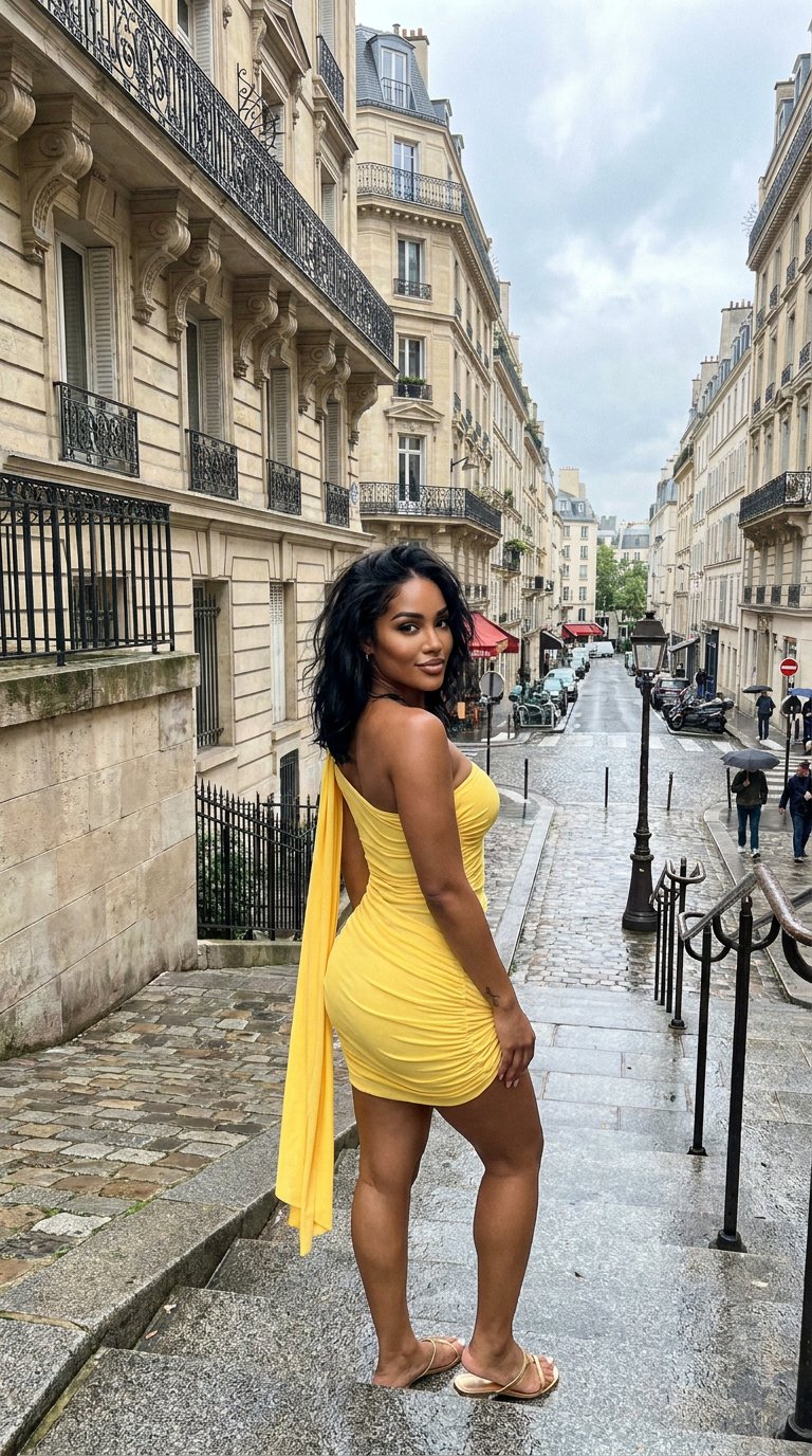 AI product shot of Scarlett Yellow Mesh Asymmetrical Ruched Mini Dress