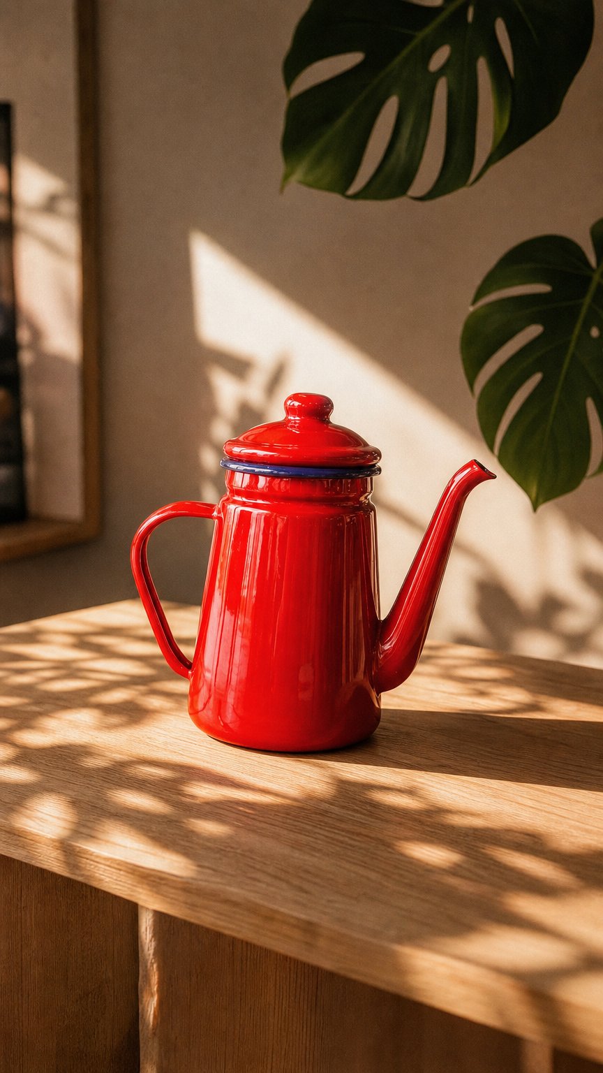 AI product shot of 1.1L Vintage Enamel Coffee Pot – Traditional Stove Top Coffee & Tea Pot | Available in Red or White