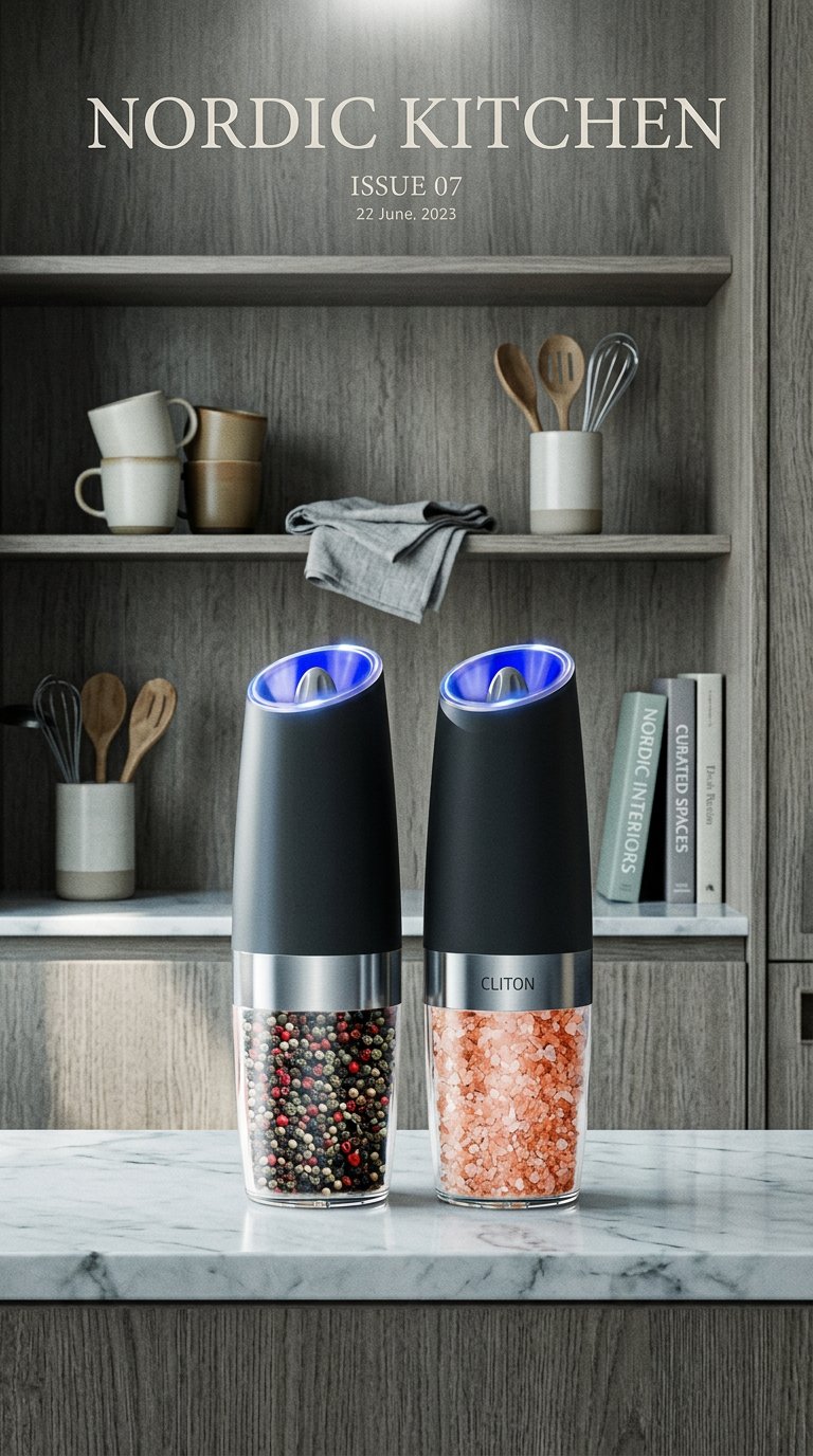 AI product shot of 1pc/2pcss Electric Salt And Pepper Grinder, Automatic Pepper Mill, Salt And Pepper Grinder Electric 2pcs, Tilted Automatic Grind With LED Light, Battery Powered, Adjustable Coarseness, Easy To Clean, One-Hand Operation, Kitchen Essential, Gift Idea