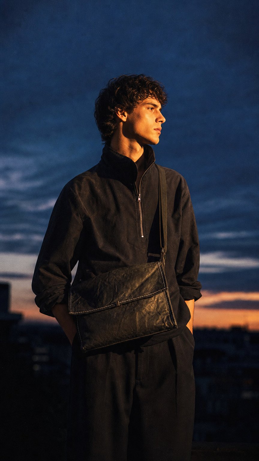 AI product shot of 26.2 "BASIC" MESSENGER BAG KANGAROO FULL GRAIN BLACK