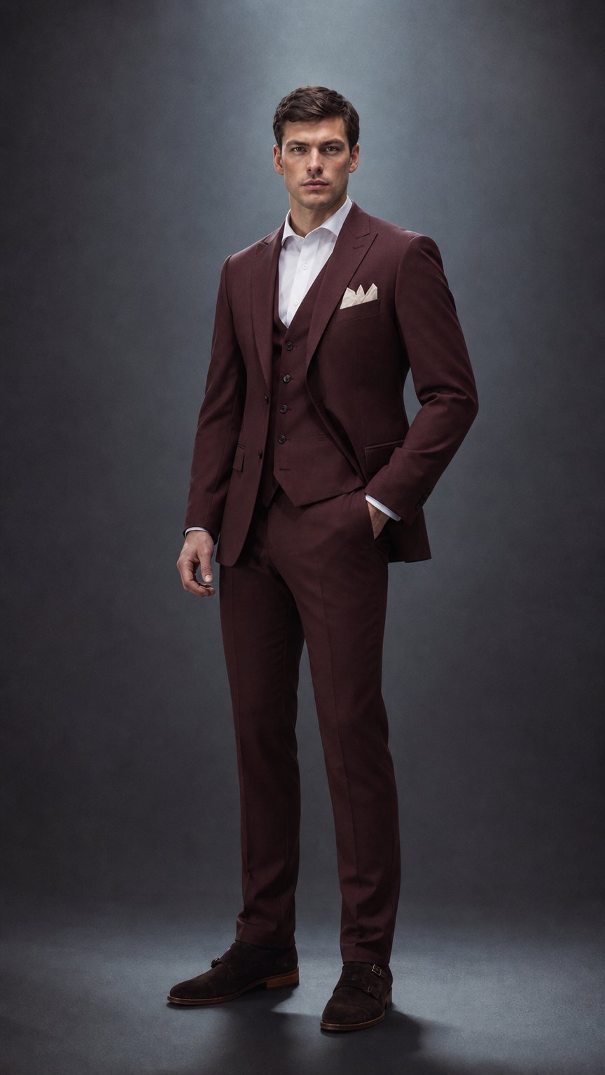AI product shot of Burgundy three-piece suit