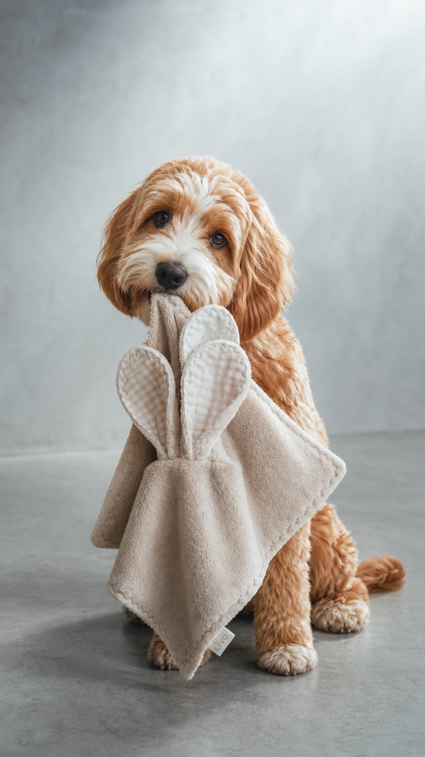 AI product shot of Handgemaakt knuffeldoekje met konijnoortjes