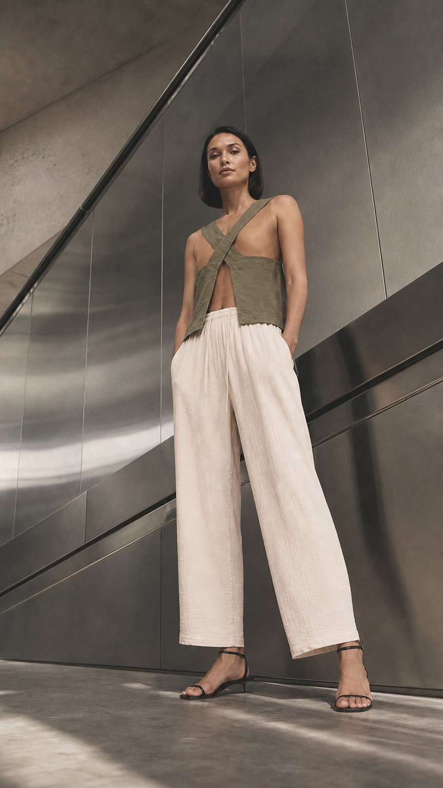 AI product shot of Linen Wide Strap Tank Top - Olive Green