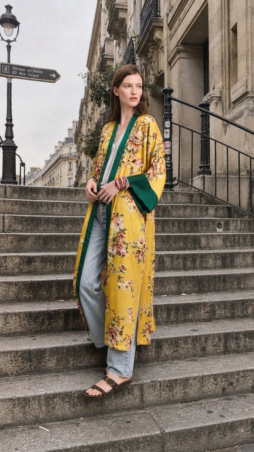 AI product shot of Long Satin Kimono Yellow