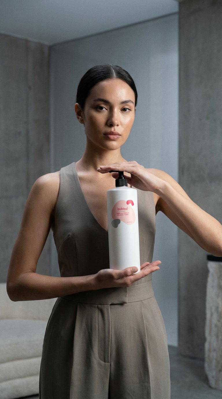 AI product shot of empty shampoo + wash refill bottle + pump
