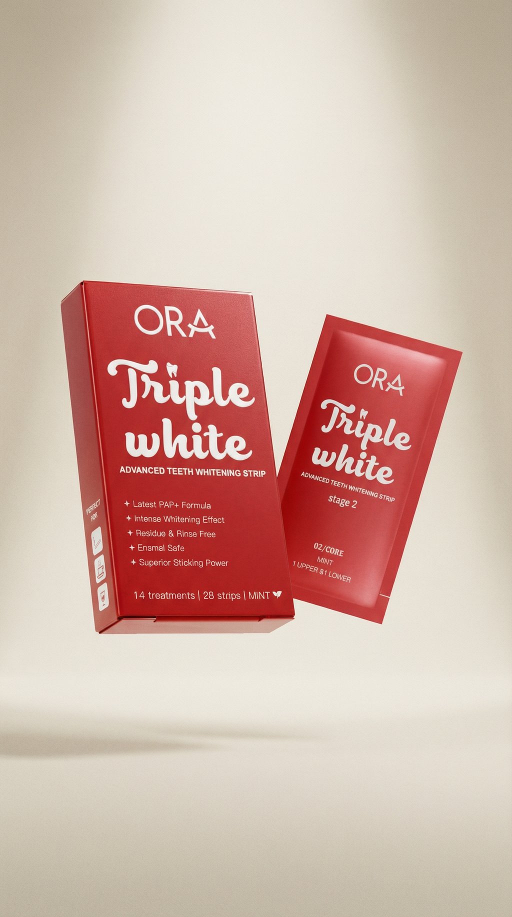 AI product shot of ORA Triple White | Teeth Whitening Strips – Enamel Safe, PAP+ Formula, 14 Treatments