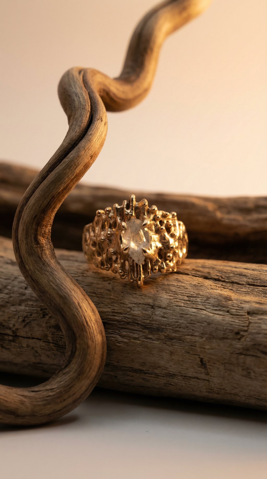 AI product shot of Large Gully Ring with Raw Ocean Diamond 14k Yellow Gold