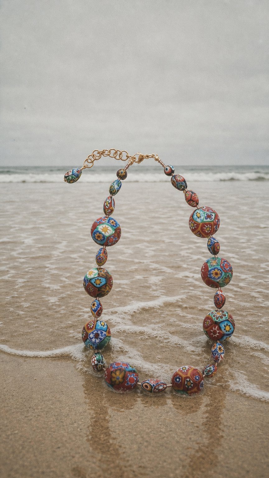 AI product shot of Rosario Leonardi Murano Coin Shaped Millefiori Glass Bead Necklace Featuring Ercole Moretti Beads