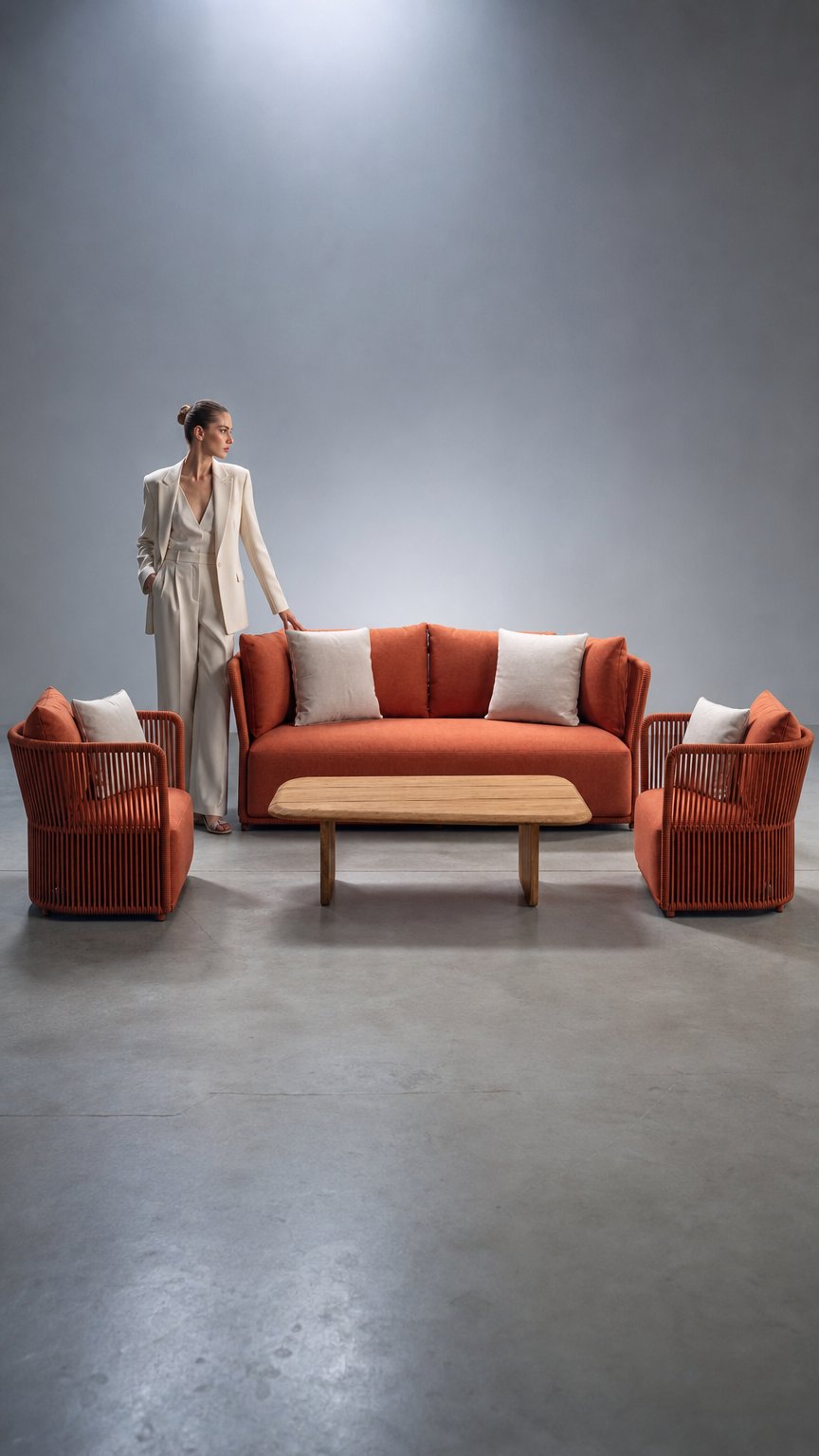 AI product shot of Have some joy! - Zestaw ogrodowy | Sofa 3 os + fotel + fotel + drewniany stolik kawowy