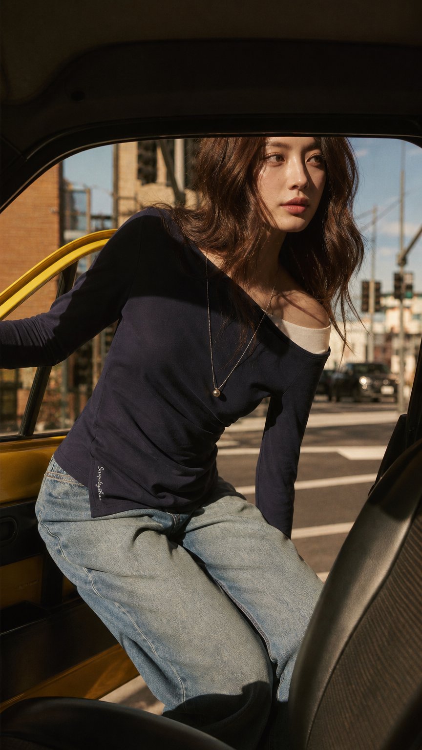 AI product shot of Kaoka – Deep Navy Asymmetrical Off-Shoulder Faux Two-Piece Long Sleeve Top