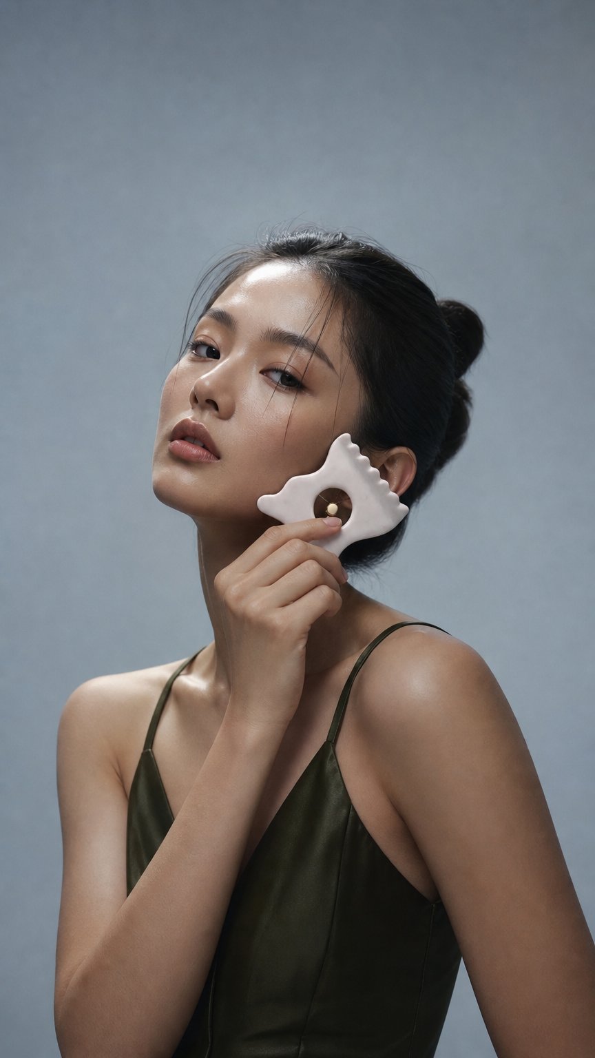 AI product shot of 3 in 1 Gua Sha in ceramica